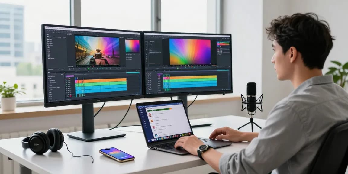 A content creator using a video to prompt converter tool in a modern tech workspace, surrounded by editing screens and creative equipment.