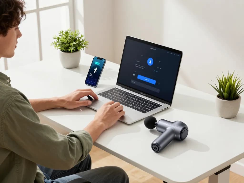 Innovative workspace showcasing must have tech gadgets including Bluetooth gaming controller and massage gun.