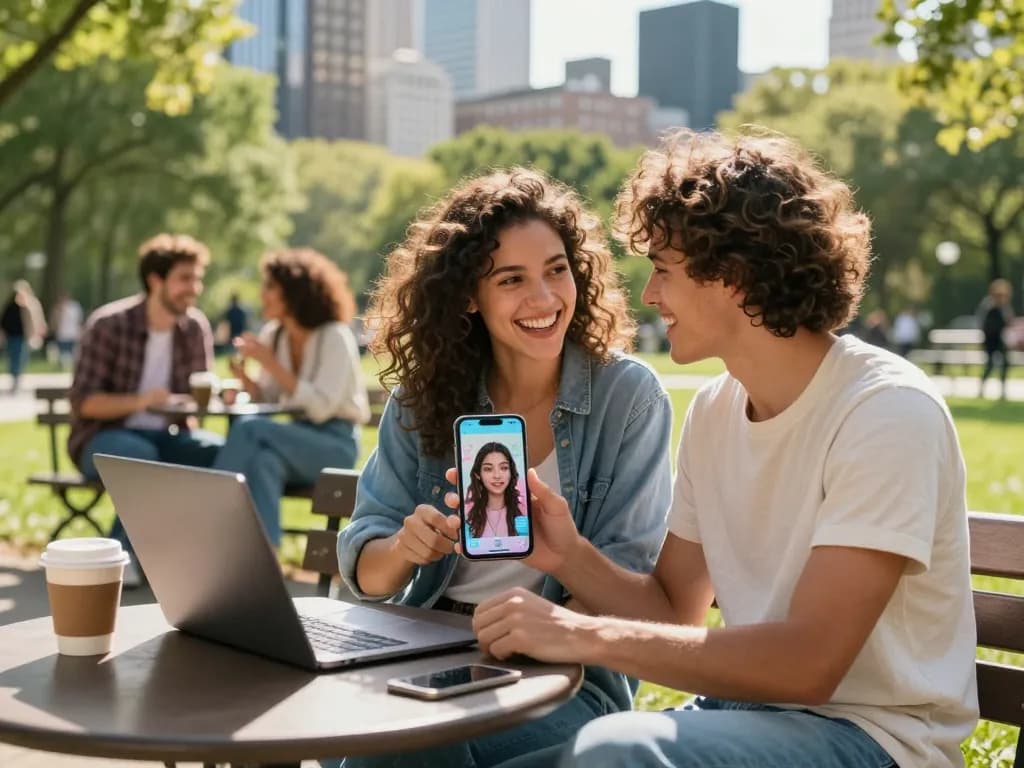 Engaging scene of a woman interacting with her AI girlfriend on a smartphone in a vibrant city park.