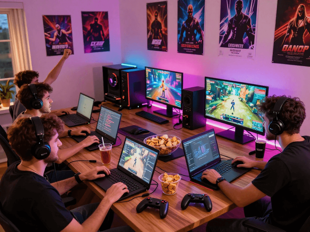Engaged gamers enjoying popular porn games in a vibrant social setting.
