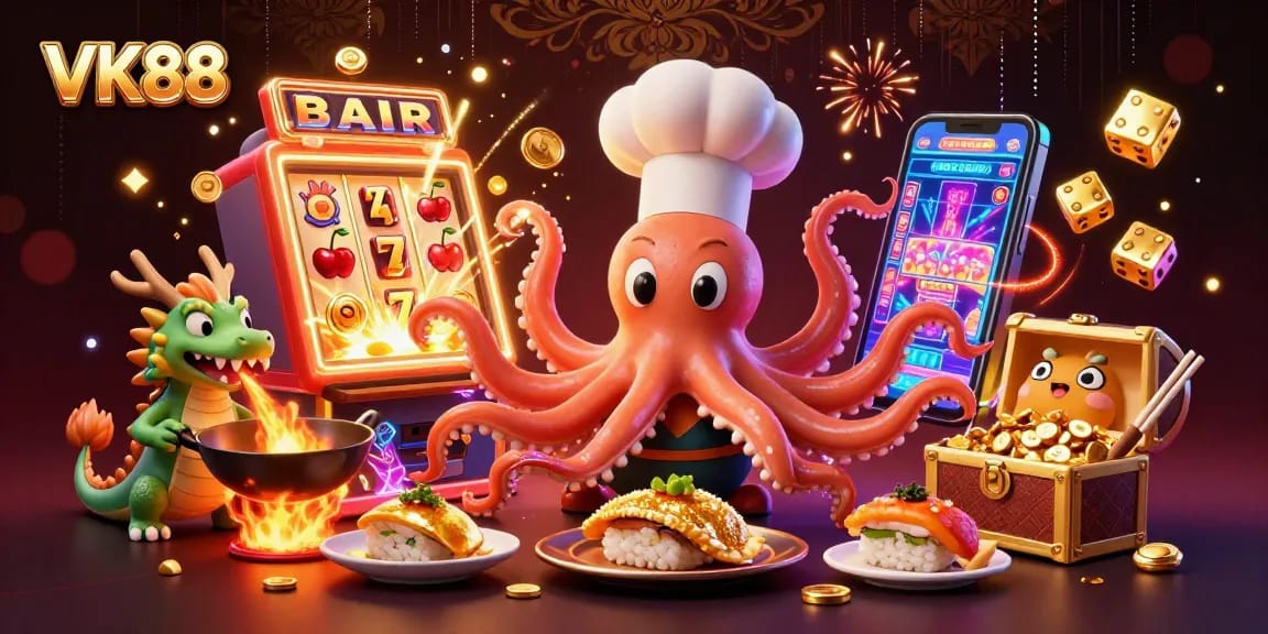 Experience thrilling wins at VK88 with this vibrant 3D casino illustration featuring an energetic sushi chef octopus.