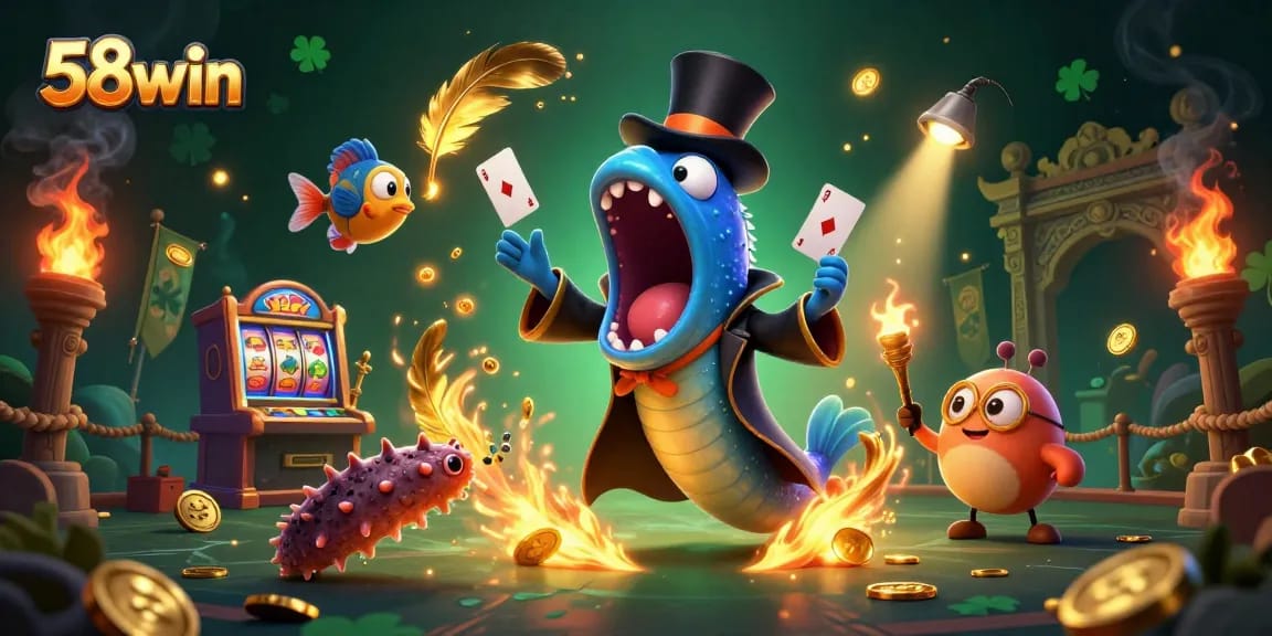The 58win platform showcases a vibrant deep-sea scene with a gulper eel magician performing tricks among rich slot themes.