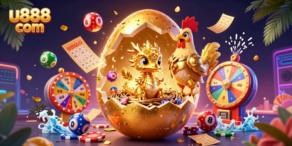 Experience excitement with u888 com as a baby dragon shines atop poker chips amidst vibrant lottery elements.