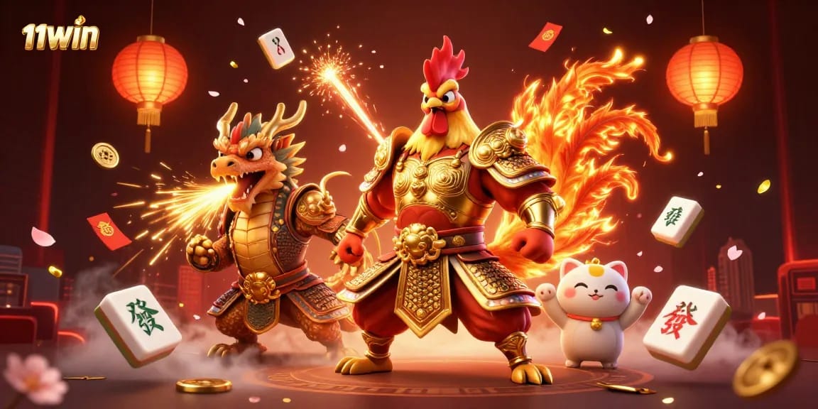 Experience the vibrant energy of 11WIN with a dynamic scene featuring roaring casino elements.