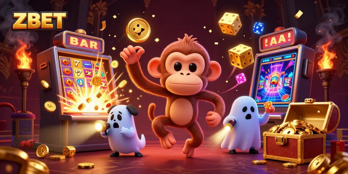 ZBET showcases winning moments at a casino with a playful poltergeist monkey and an adventurous ghost-hunter puppy.