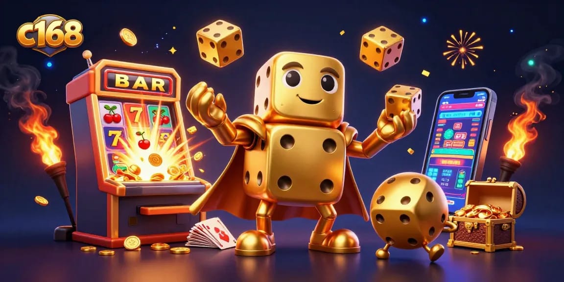 Experience thrilling gameplay at c168 with golden dice golem, slot machine, and jackpot explosion!