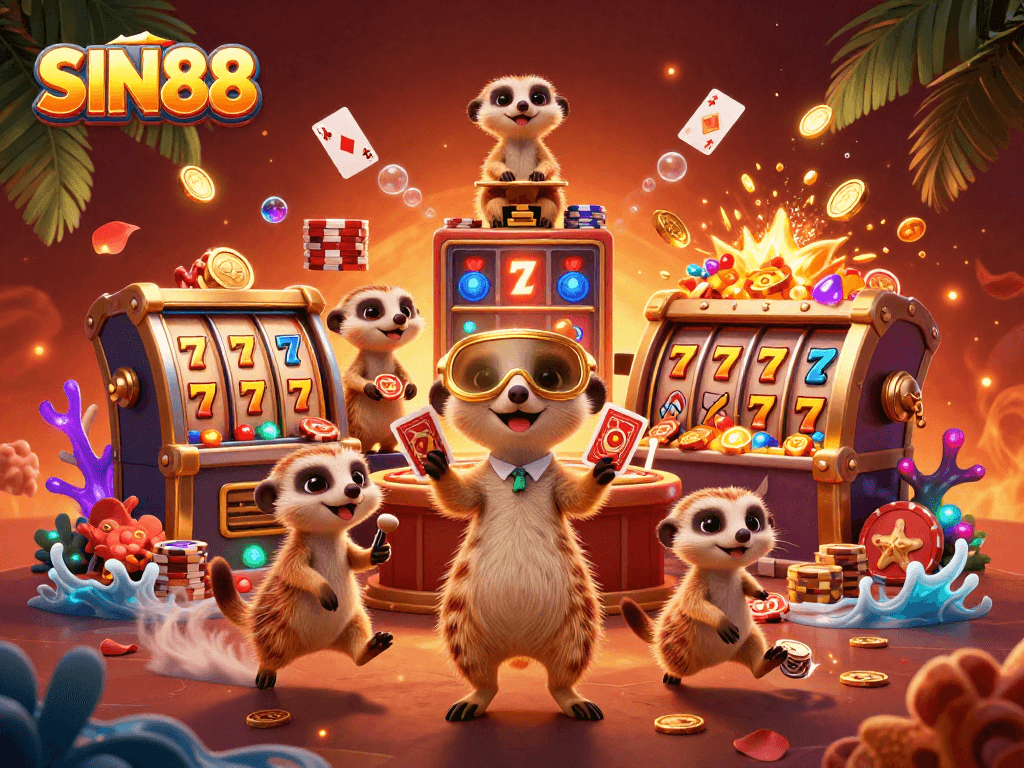 SIN88 meerkats running a vibrant casino operation with slot reels, treasure, and seashells.