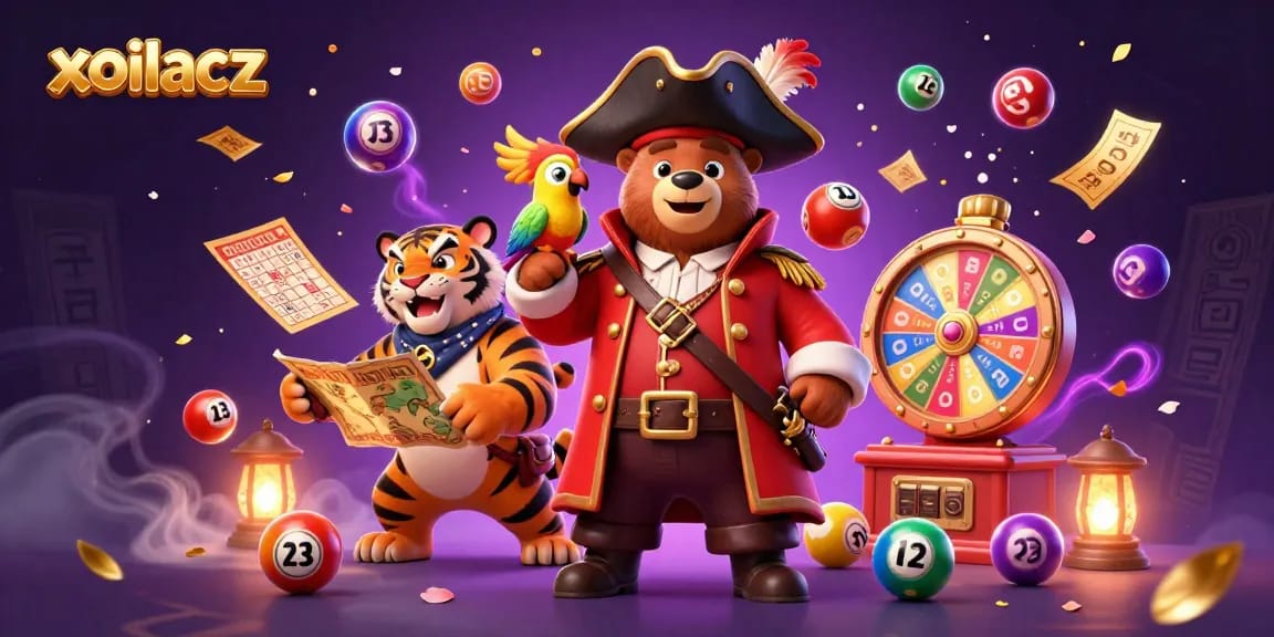 Xoilacz captivates with vibrant lottery elements, featuring a pirate bear and tiger amidst a dynamic gaming scene.