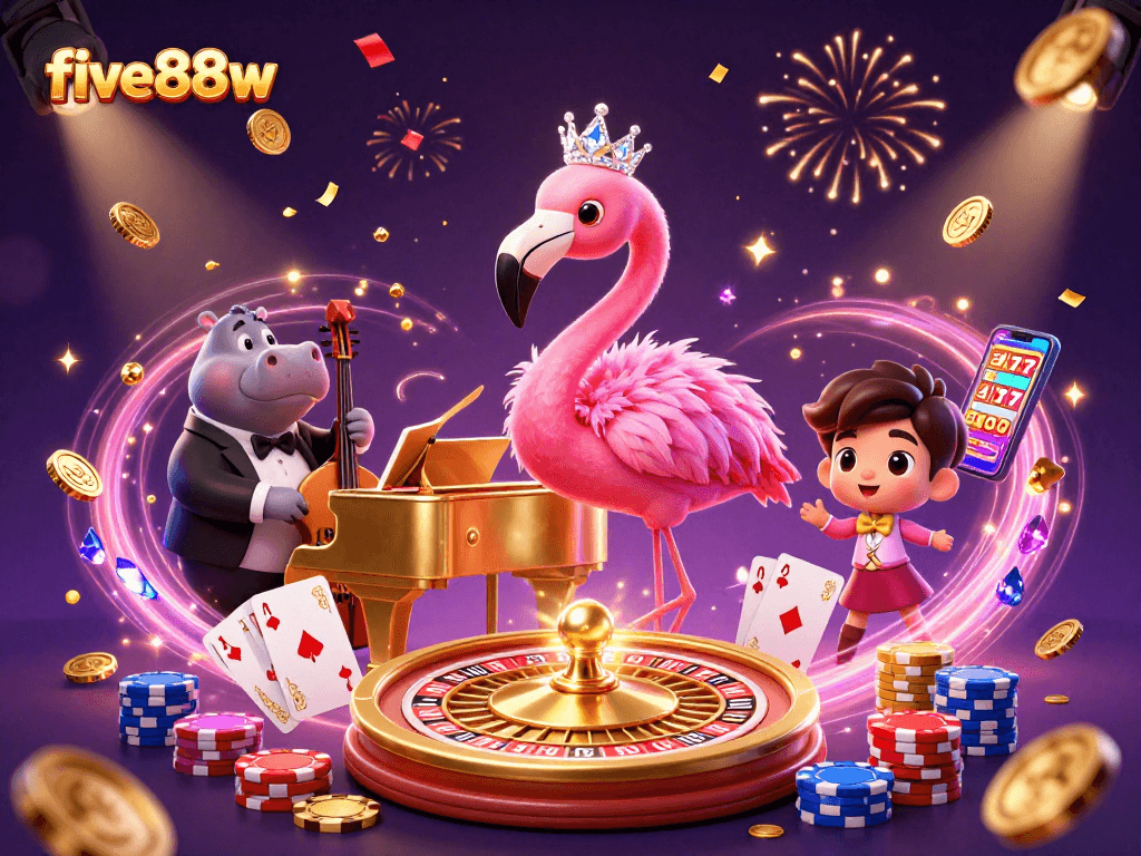 Engage in the thrilling world of five88w with vibrant casino scene featuring animated characters.