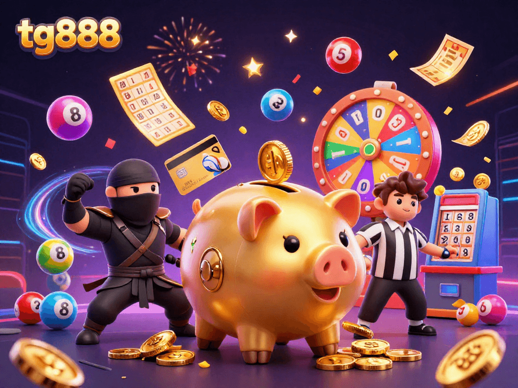 Experience the thrill of tg888 as a piggy bank sumo wrestler stomp shakes golden coins in vibrant casino action.