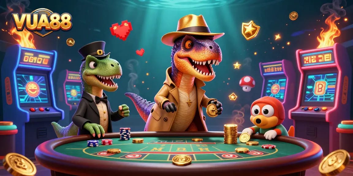 VUA88 features a velociraptor card counter at a blackjack table amidst playful casino elements.