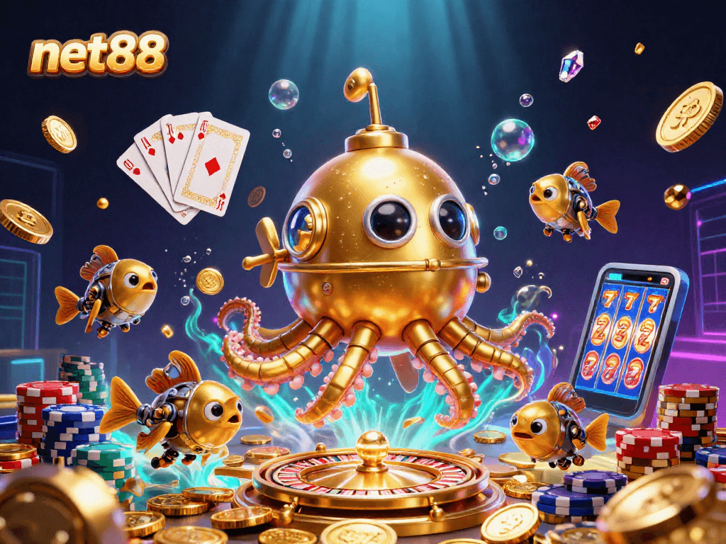 A captivating scene showcasing net88 with a golden kraken submarine, coins, and casino elements immersed in a vibrant underwater world.