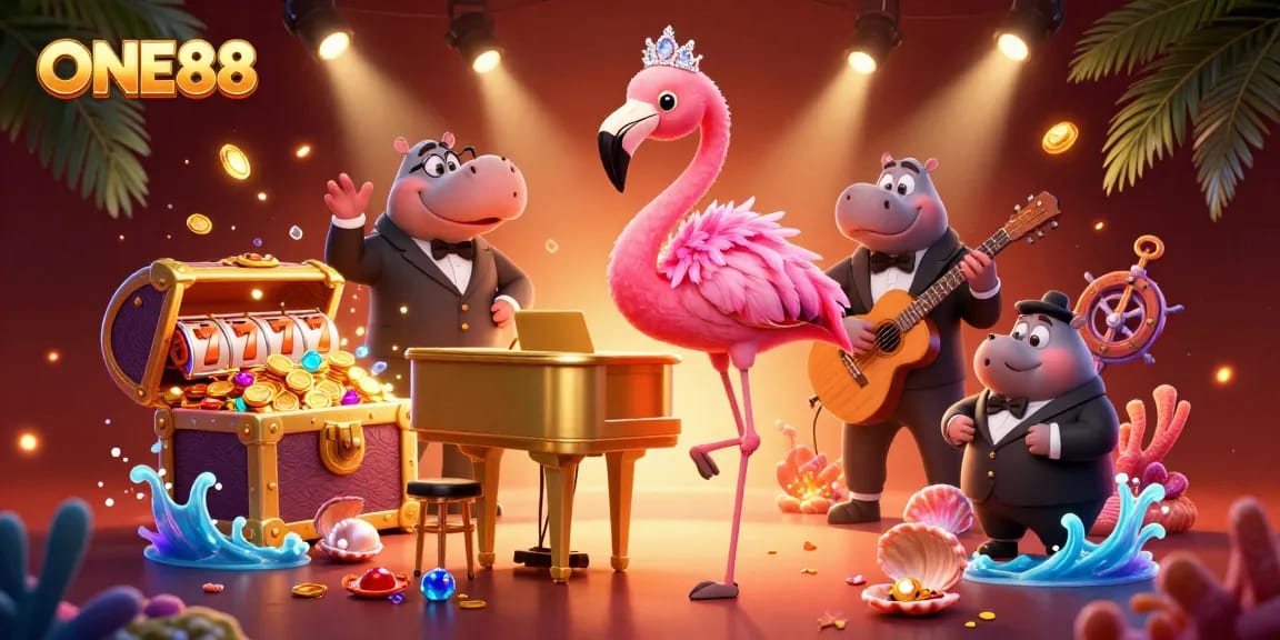 Join the ONE88 casino experience with vibrant characters, gold coins, and dynamic slot elements.