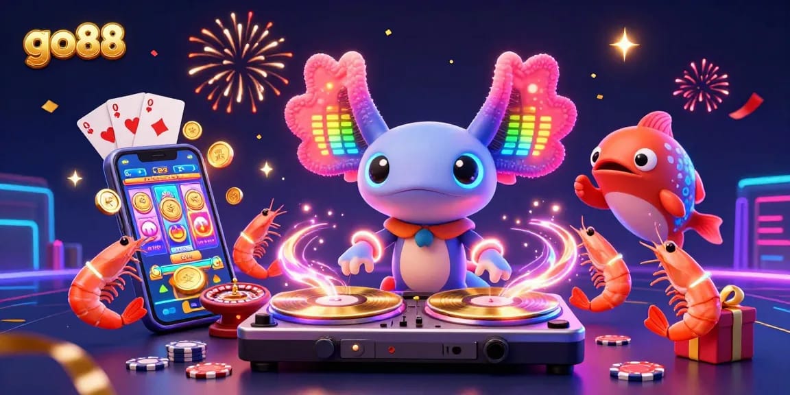 Experience the excitement of go88 with a vibrant 3D casino scene featuring a DJ axolotl and lively sea creatures.