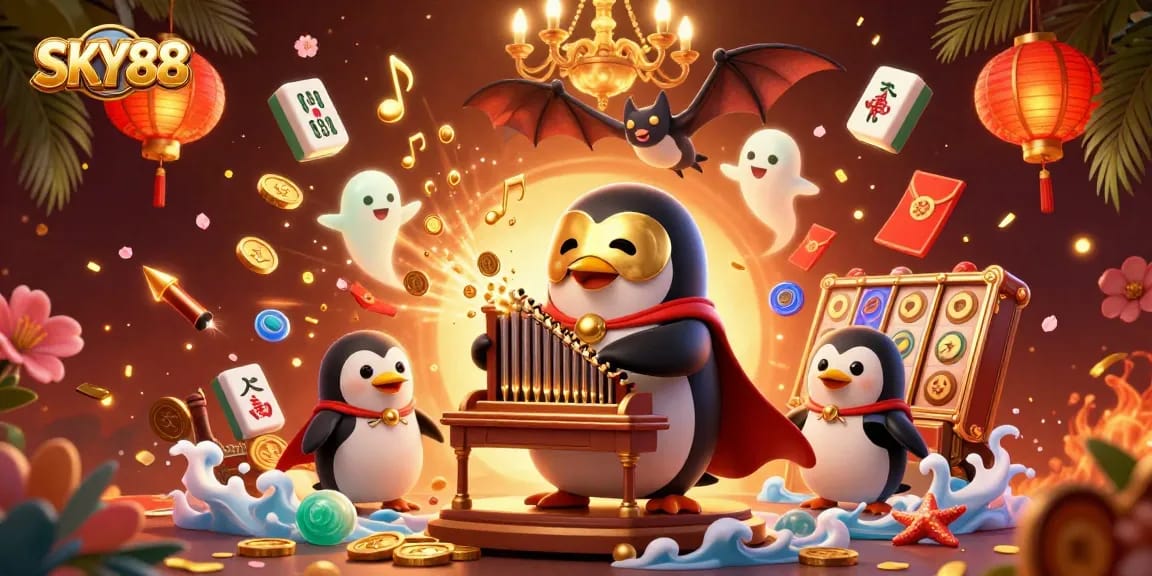 Experience the thrilling atmosphere of SKY88 with a magical casino scene featuring games and characters.