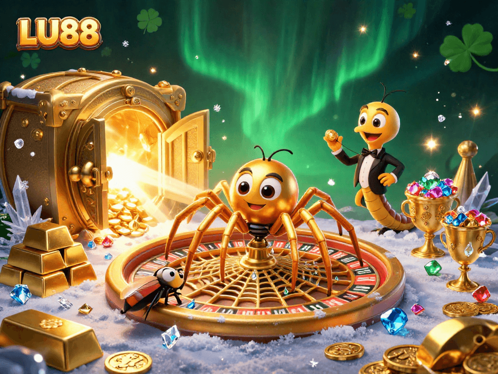 Bet on LU88 with a golden spider and centipede croupier in an extravagant casino scene