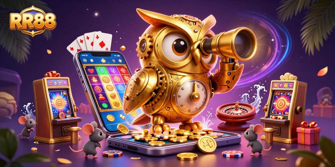Experience the RR88 casino excitement with vibrant 3D owl and mouse characters among dynamic slot games.