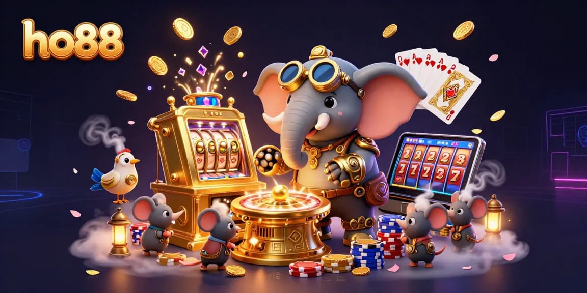 Win big with ho88 as a steampunk elephant operates a golden slot machine amidst vibrant casino elements.