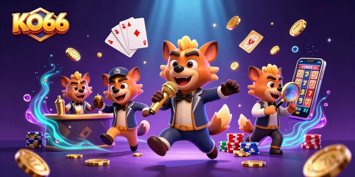 KO66 Casino: A vibrant 3D scene with humorous hyenas in a lively casino setting