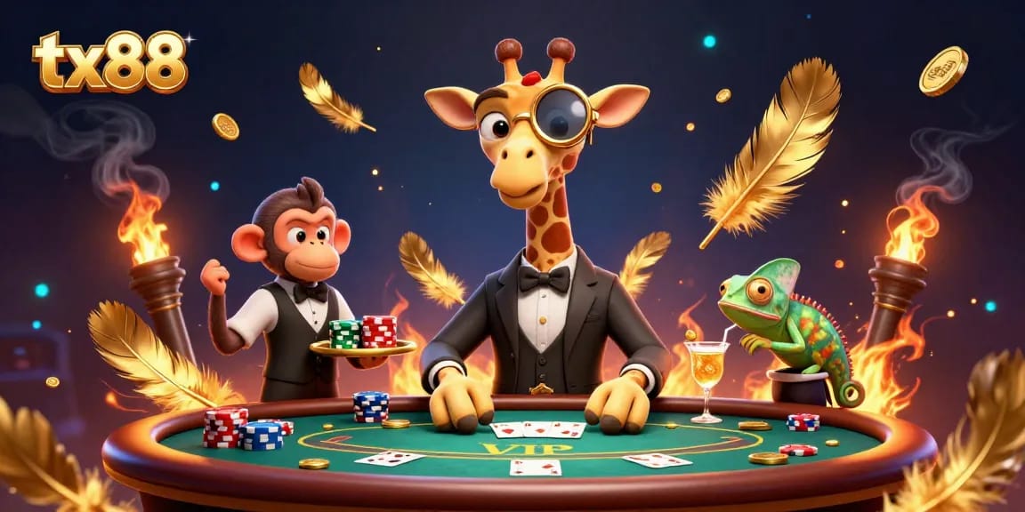 Experience thrilling poker wins at tx88 with a high-roller giraffe and vibrant casino atmosphere.