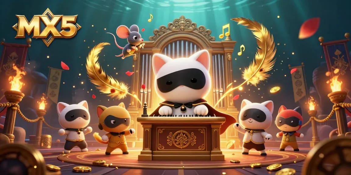 Experience exciting gambling action at MX5, with the elegant casino cat amidst floating game elements.
