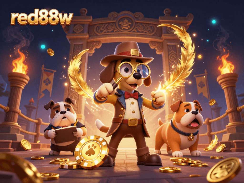Explore wins and treasures with red88w in this vibrant casino illustration featuring detective elements.