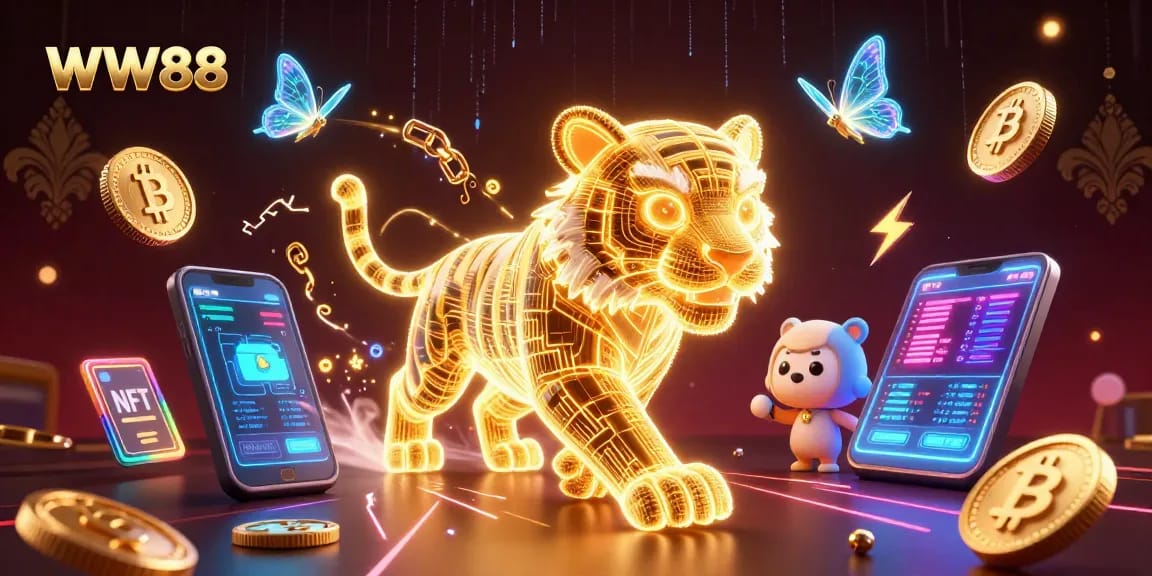 Engage with WW88, the dynamic online casino experience featuring neon tiger and cryptocurrency elements.