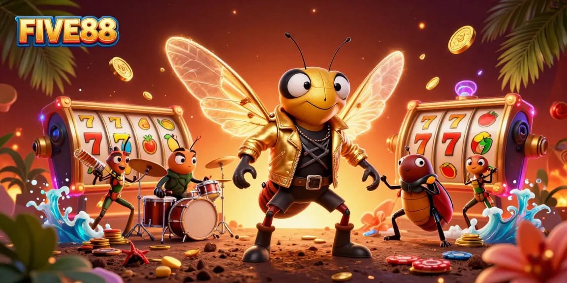 Experience the vibrant FIVE88 casino ambiance with dynamic characters, slot reels, and colorful casino elements.