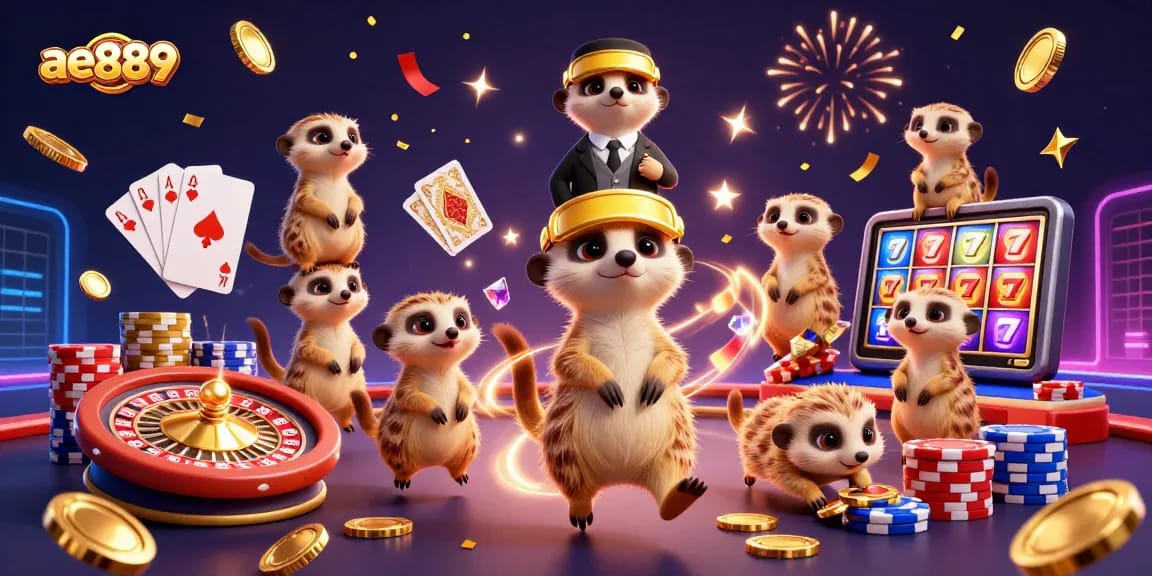 Experience the excitement of ae889 with meerkats running a vibrant casino, showcasing games and action.
