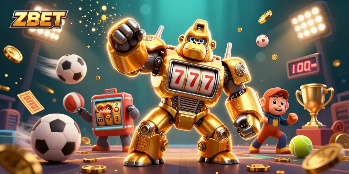 ZBET captures the excitement of online gambling with a dynamic 3D casino illustration featuring a golden mech and sports elements.