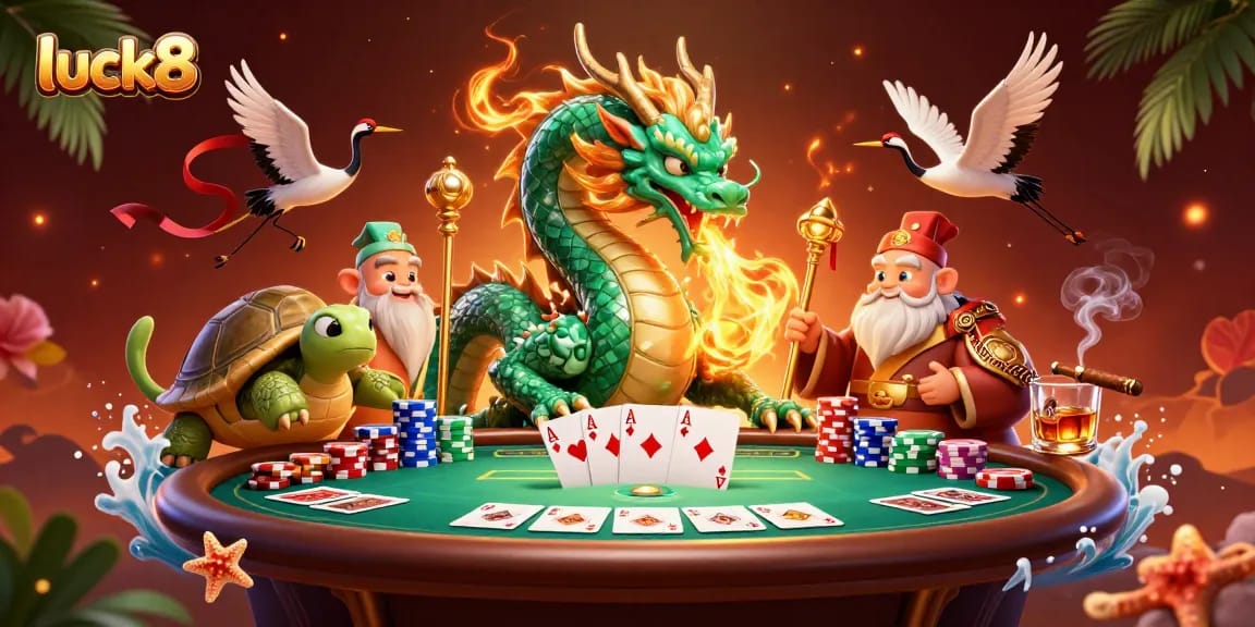Experience luck8 thrills with an emerald dragon and dynamic poker elements in a vibrant casino scene.