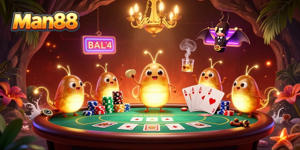 man88 enhances the casino atmosphere with glowworms lighting the poker table and vibrant decorations.
