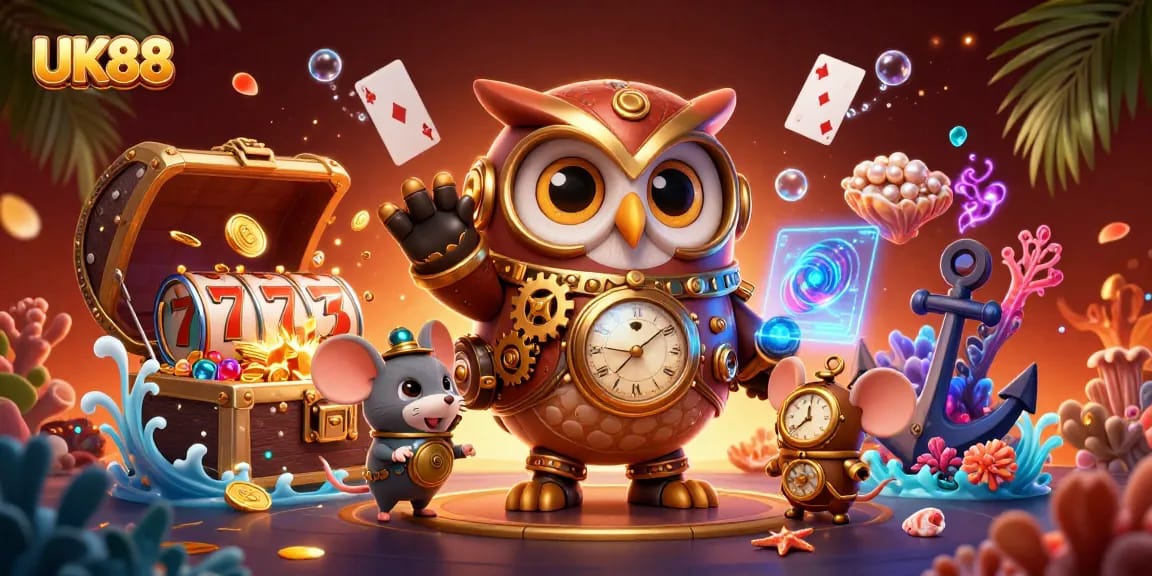 Experience thrilling slots at UK88 Casino with a steampunk owl and dynamic gaming elements.
