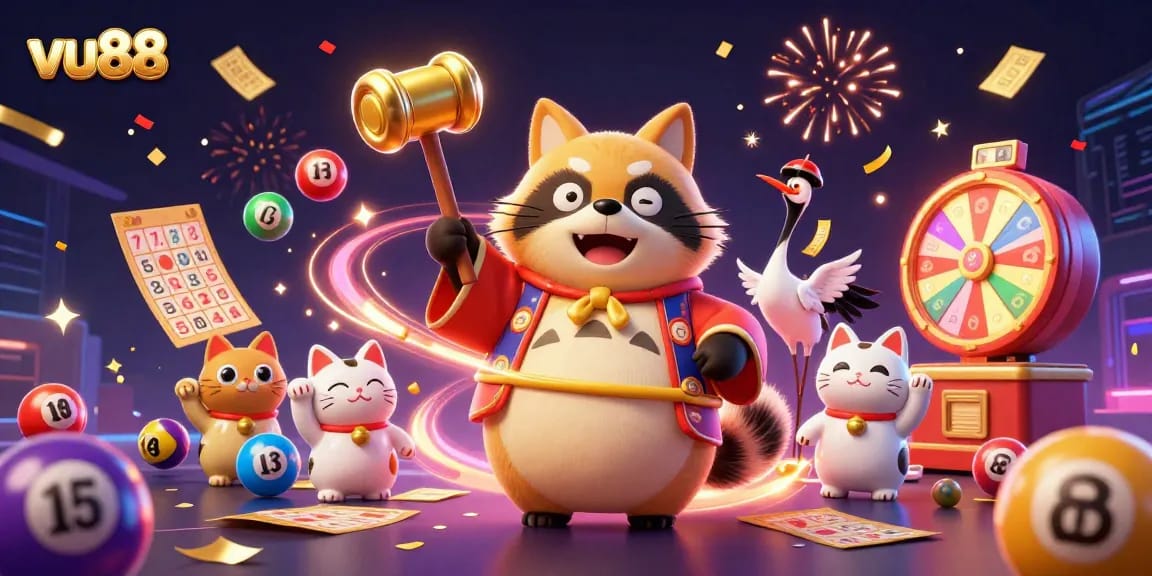 Experience the excitement of vu88 with cheerful tanuki and vibrant game elements in a festive casino scene.