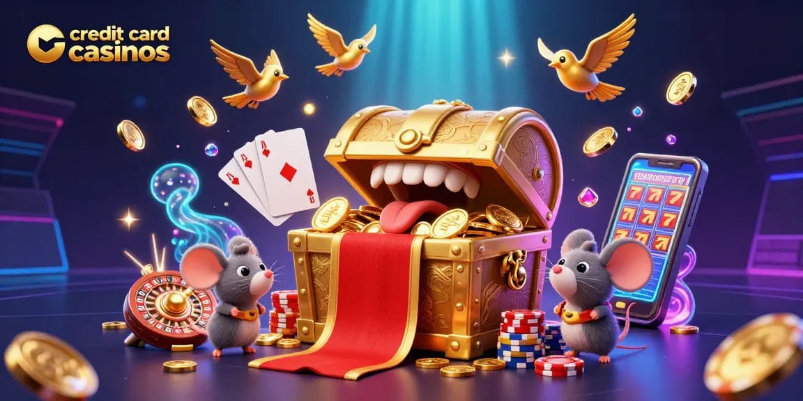 Experience exceptional gameplay at credit card casinos showcasing a vibrant 3D treasure-filled scene.