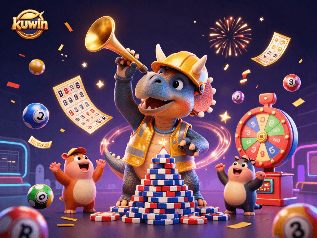 Kuwin offers exciting gambling experiences as a fun dinosaur character builds poker chip pyramids.