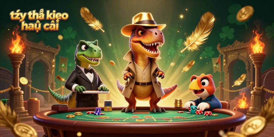 Engage with tỷ lệ kèo nhà cái in a vibrant 3D casino scene featuring quirky dinosaur characters.