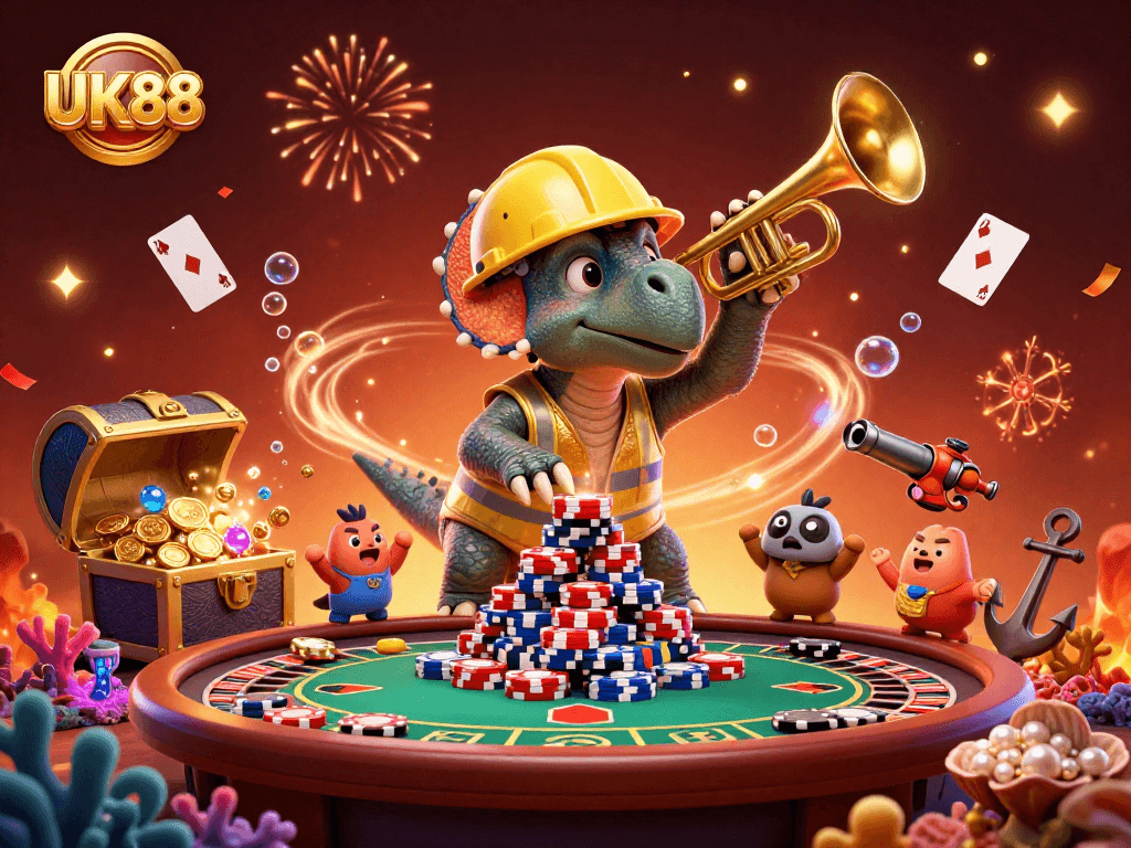 Celebrate wins at UK88 with vibrant 3D characters and interactive casino elements.