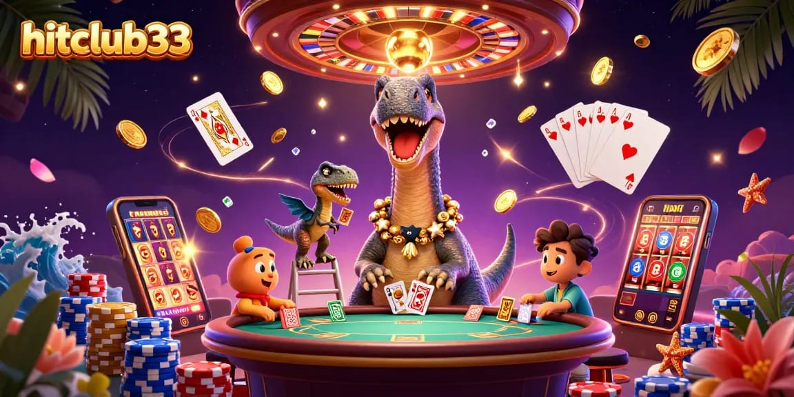 Catch excitement at hitclub33 with a 3D scene of dynamic characters and casino elements.