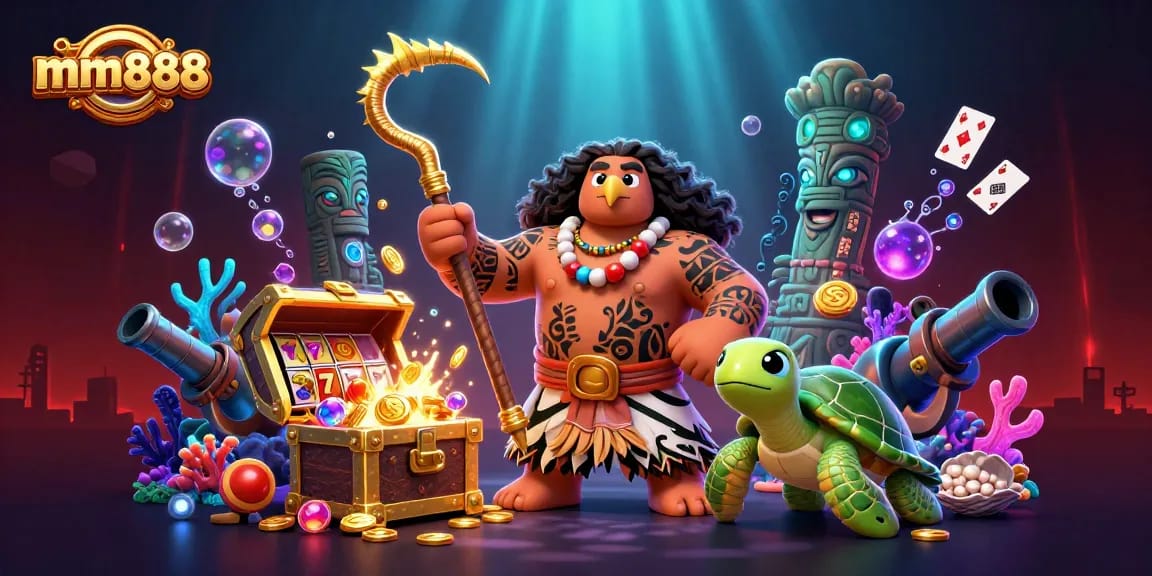 Play and win with mm888 in this casino-themed 3D illustration showcasing vibrant game elements.