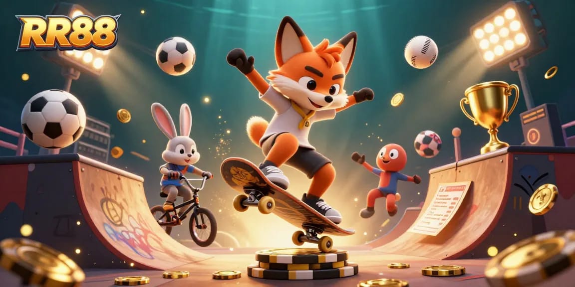 Experience the excitement at RR88 with a dynamic scene of a fox and rabbit in a vividly illustrated casino setting.