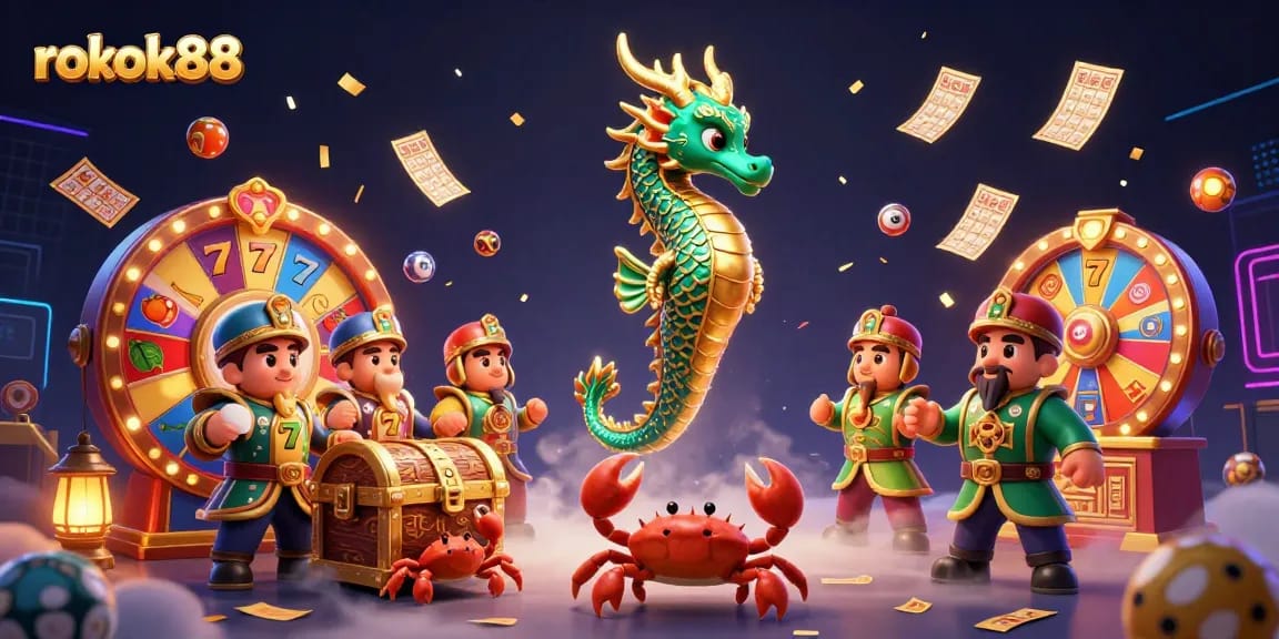 Transform your gameplay with rokok88's dazzling sea dragon imagery, highlighting slot machines and vibrant prizes.