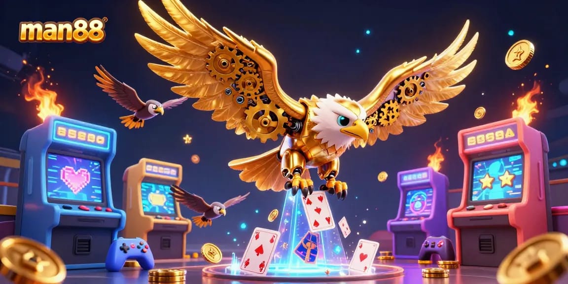 Experience the thrill of gaming with man88's vibrant 3D casino scene featuring golden eagle and arcade elements.