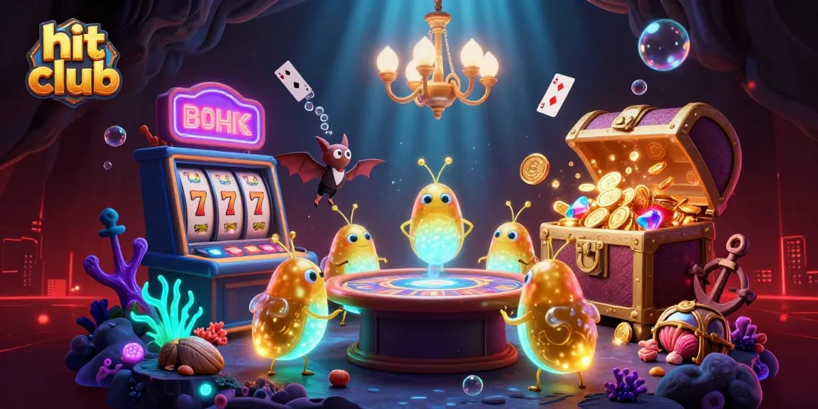 Engaging illustration of hit club casino scene with glowworms and colorful slot elements illustrating thrilling gameplay.