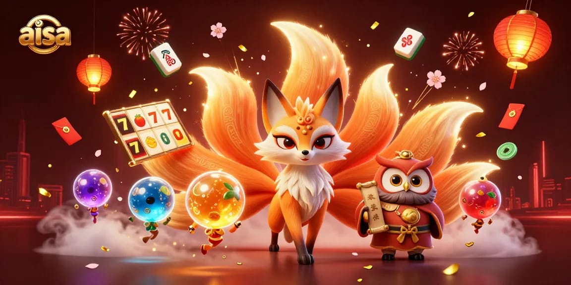 Engage with aisa's vibrant casino energy through a dynamic 3D illustration of a nine-tailed fox and owl sage.