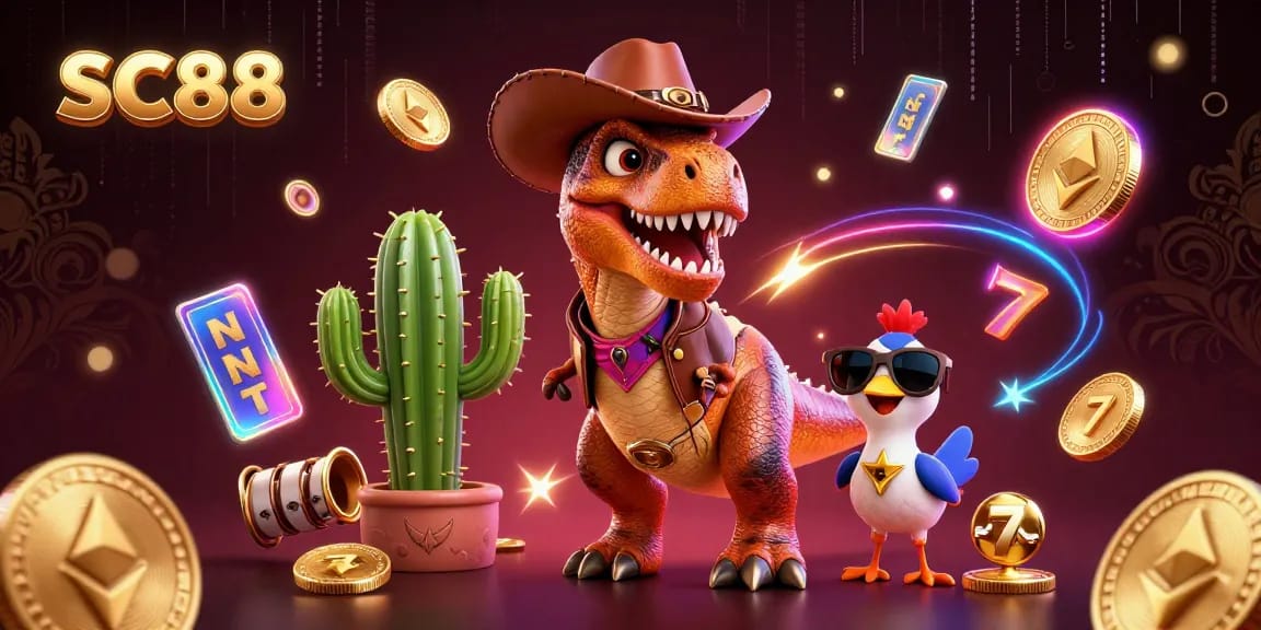 Join the excitement at SC88 with a cowboy dinosaur and fun slot games lighting up a vibrant casino atmosphere.