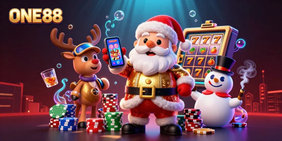 ONE88 showcases Santa and friends celebrating with jackpot slots and poker excitement, immersing gamblers in festive fun.