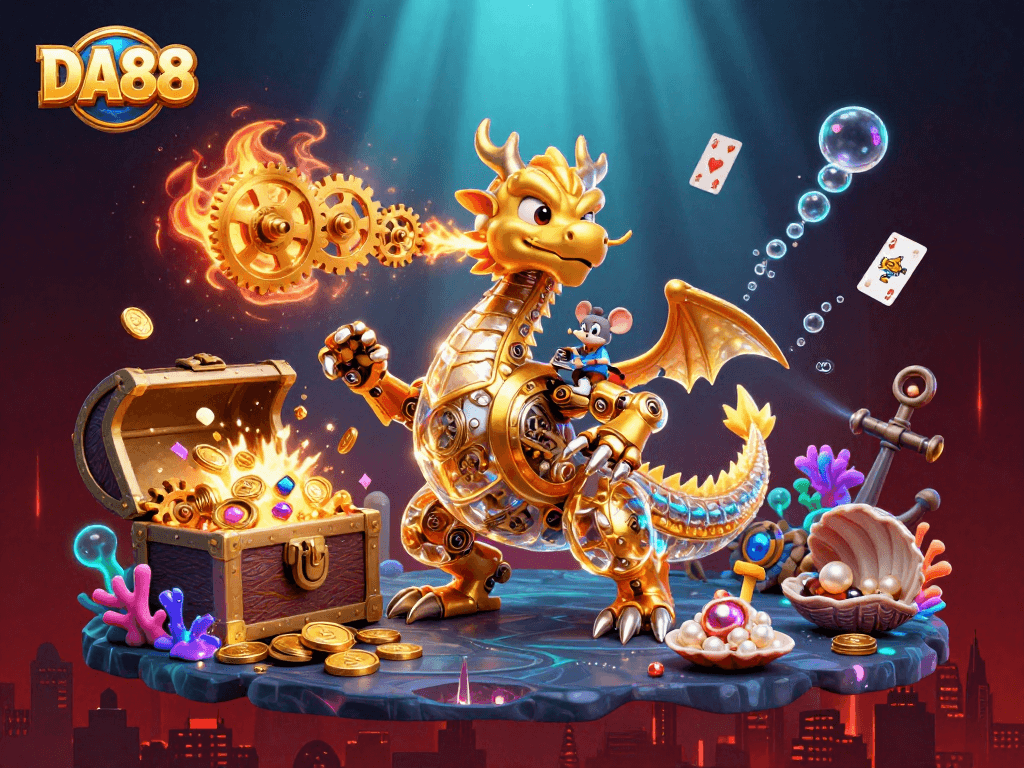 Experience thrilling gameplay at DA88 with ultra-detailed 3D casino artistry featuring a golden dragon.
