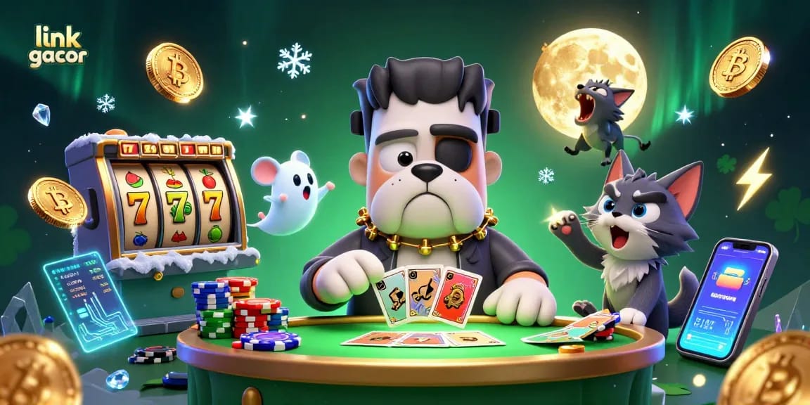 Engage in exciting gambling action with "link gacor" slot reels and colorful characters in a 3D casino environment.