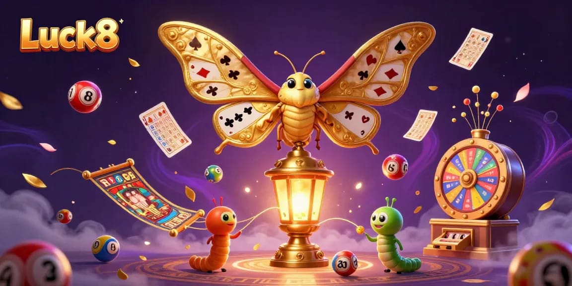 Engaging illustration depicting Luck8 with a golden moth, lottery elements, and vibrant casino atmosphere.